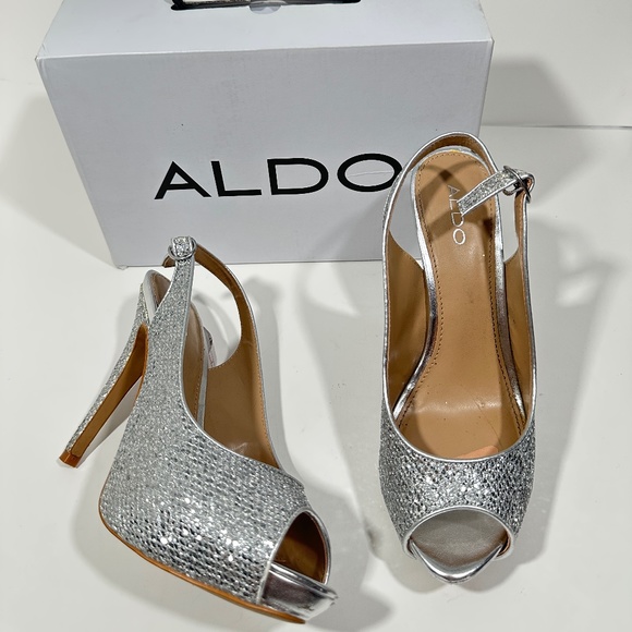 Aldo [ Womens 10 ] Sparkly High Heel Peep Toe‎ in Silver - Picture 1 of 16